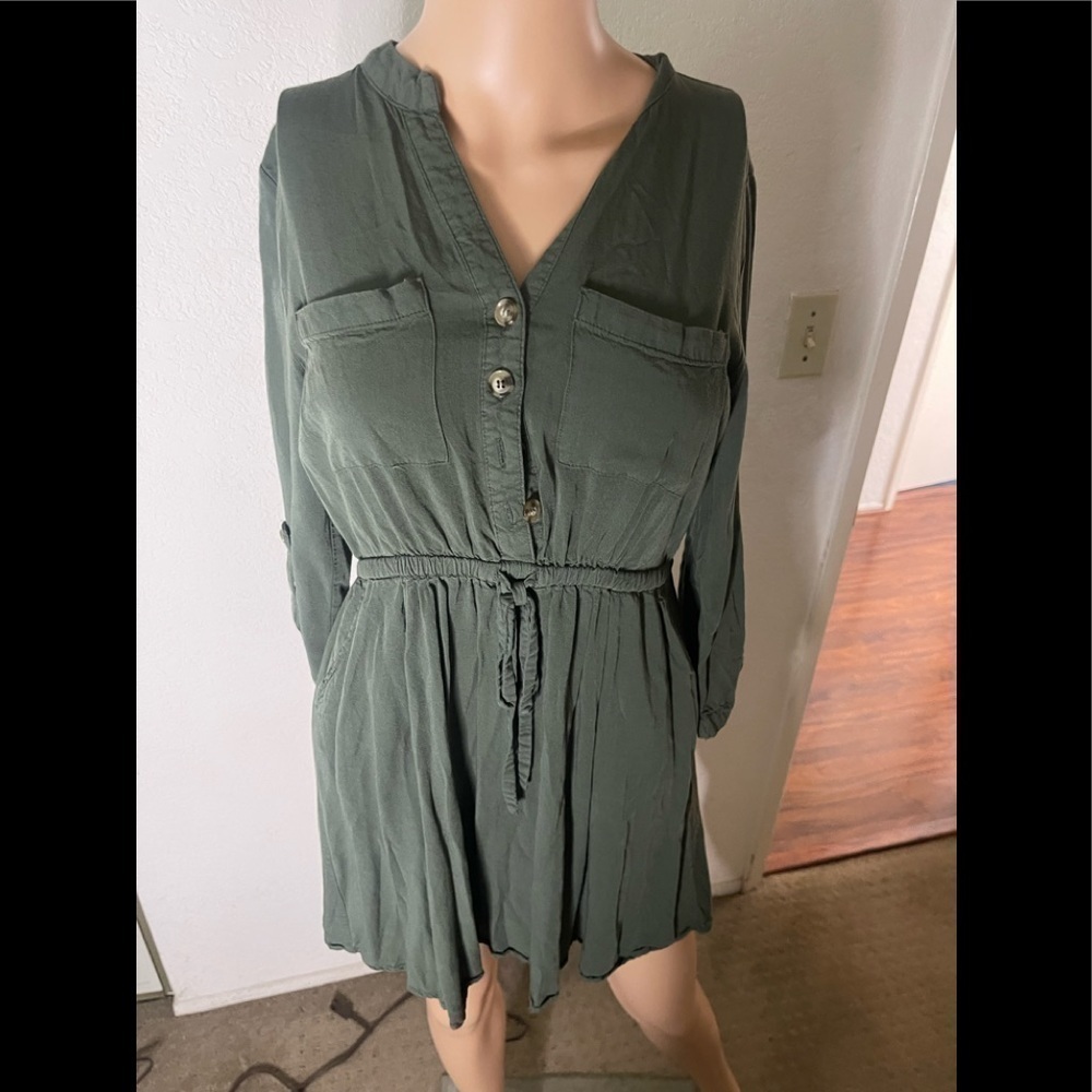 💚 Lark & Grey Petite Tie Waist Dress Small Long Sleeve Casual - Picture 2 of 4